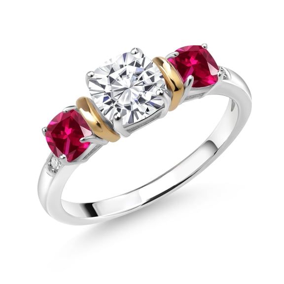 Gem Stone King 925 Silver and 10K Yellow Gold Red Created Ruby Diamond 3-Stone Ring Set with Moissanite (1.85 Cttw) (Size 8)