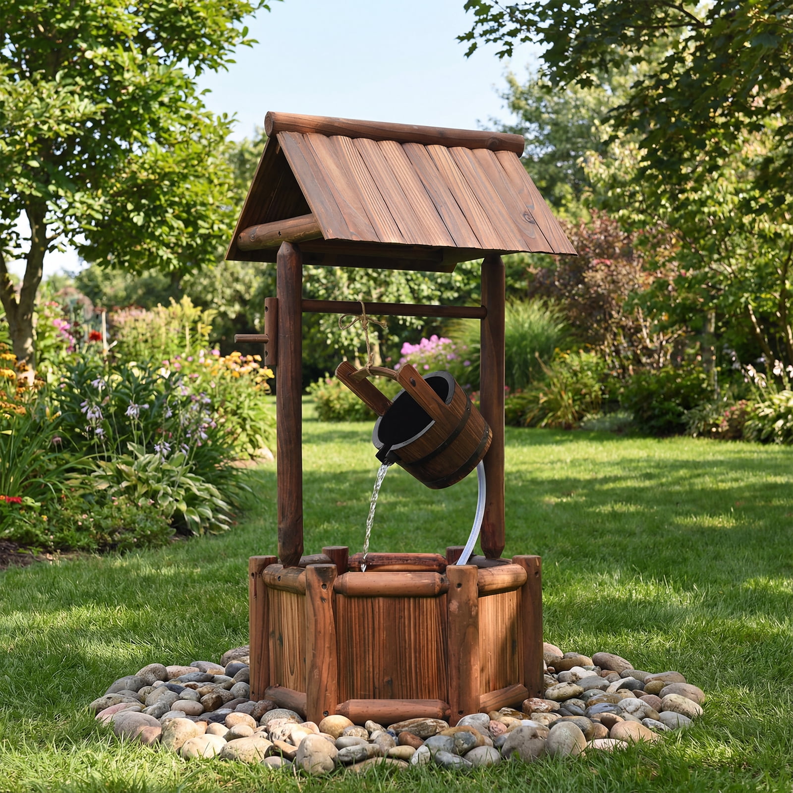 Patiojoy Rustic Wishing Well Water Fountain Wooden Decorative Electric Backyard with Electric and Water Bucket Pump for Outdoor