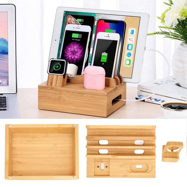 Bamboo Multi Device Charging Station, Heat Dissipation Bamboo Charging Station Natural Anti Slip Pad Multifunctional for Tablets