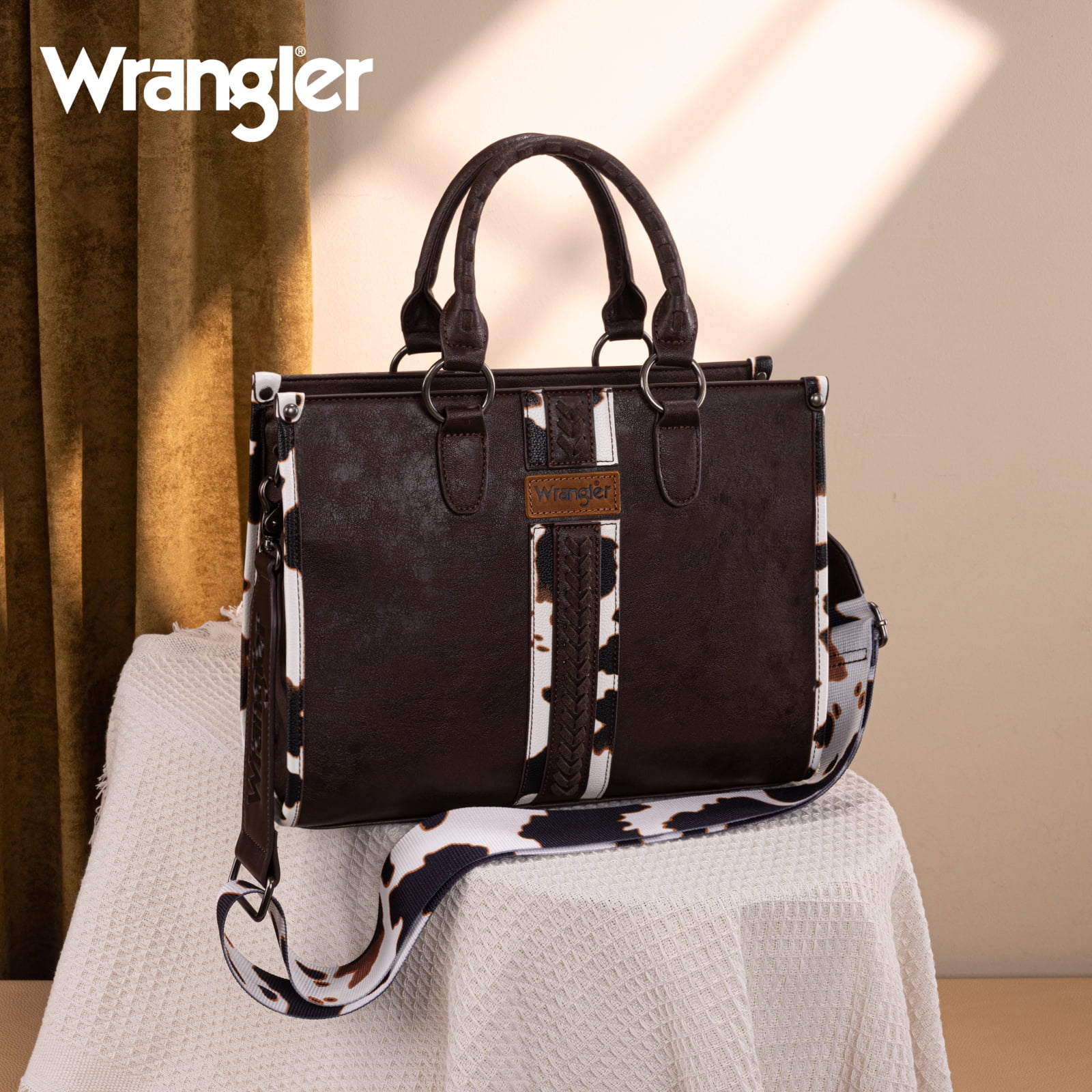 Wrangler Cow Print Tote Bag for Women Western Purse Boho Top Handle Satchel Handbag, Cow-Coffee