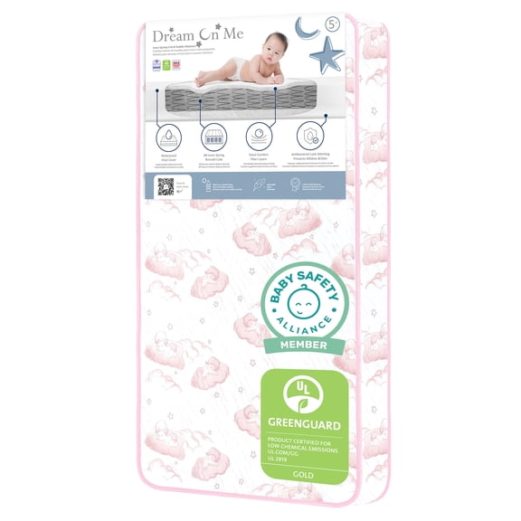 Dream On Me Twinkle Reversible Spring Coil Crib & Toddler Mattress, Waterproof Cover, GREENGUARD Gold & BSA Certified, 52” x 28” x 5”, Pink Baby Cloud