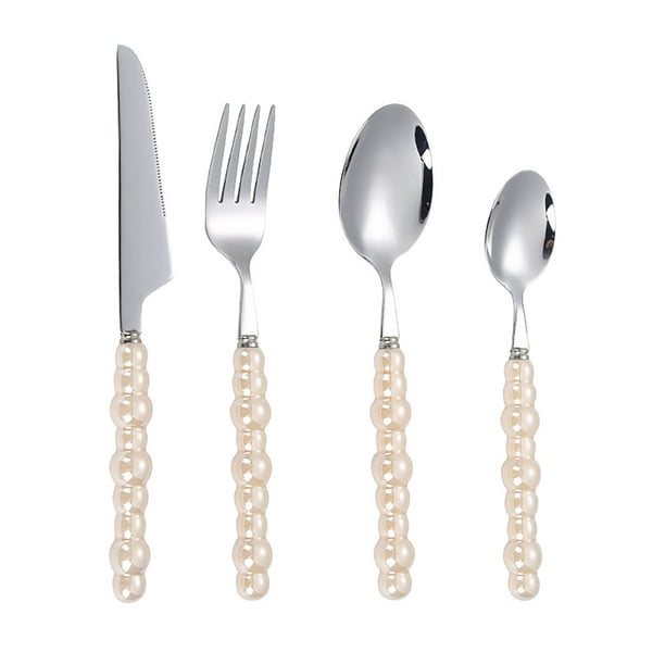 Juego de 4 piezas de vajilla de acero inoxidable con mango, cuchara para postre, ensalada, tenedor, cuchillo para carne, tenedor, cuchara, cuchara de té.