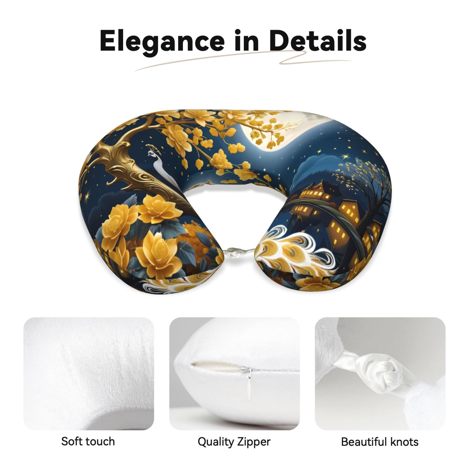Xecao Moonlit Golden Tree Peacock Print Memory Foam Cervical Neck Pillow Versatile U-Shaped Pillows for Home,Office,Camping,Travelling,Soft Washable Cover