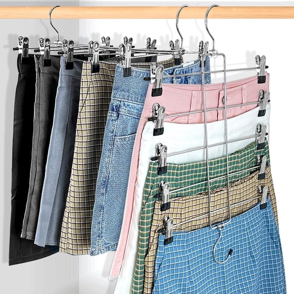 Cintres à Jupes 3 Pcs Économiseurs d'Espace, Cintres à Pantalons avec Pinces 5 Niveaux, Organisateurs et Rangeurs de Placard, Cintre Économiseur d'Espace, Organisation de Placard