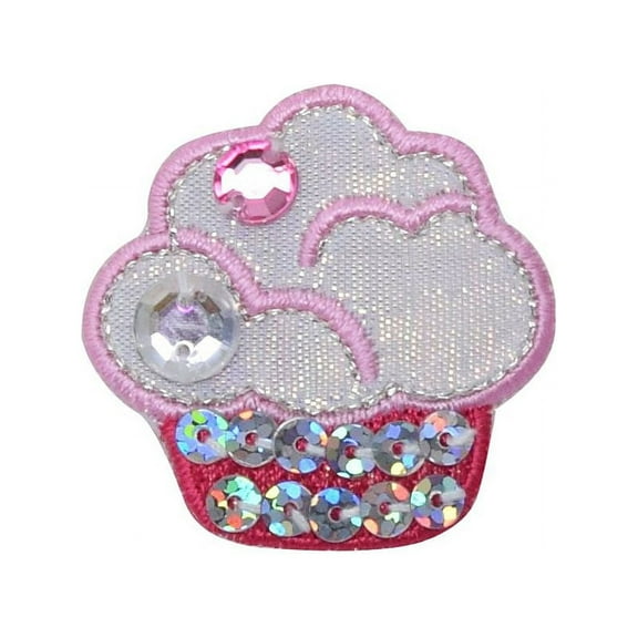 Pink Cupcake - Rhinestone/Sequins - Iron on Applique/Embroidered Patch