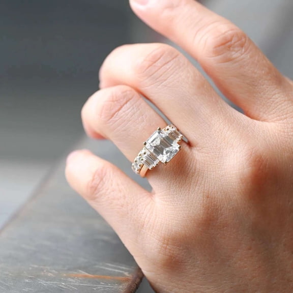 vylahjewellery Emerald Cut Engagement Anniversary Ring 14K Vermeil Yellow Gold Proposal Ring for Her Half Eternity Band with Baguette Side Stones Wedding Bridal Ring Set