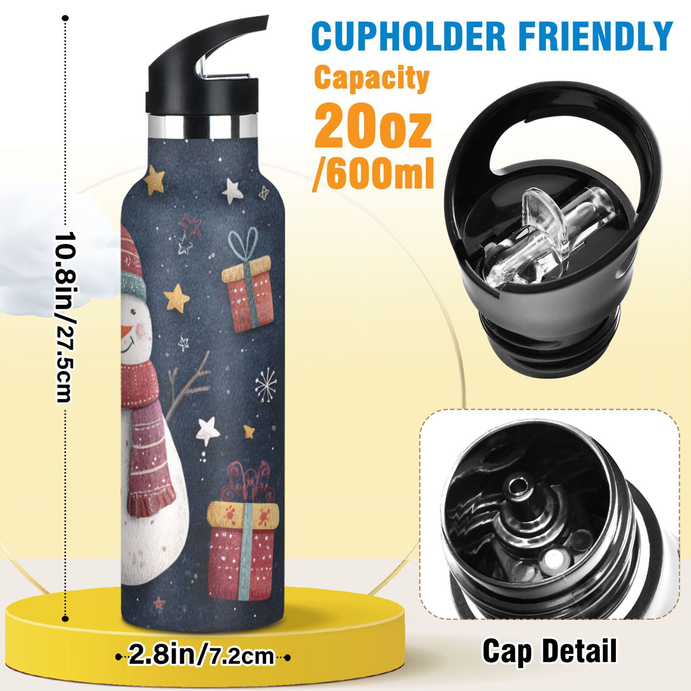 600ML Stainless Steel Insulated Cup Sports Water Bottle Portable Thermos Cup Water Glasses Insulated Tumblers Convenient and Durable Cute Christmas Snowman Cartoon