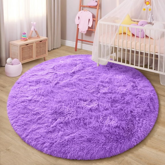 KIXINWA Purple Round Rug for Girls Bedroom, Fluffy Circle Rug for Kids Room, 5x5 Feet Plush Area Rug for Bedroom, Soft Fuzzy Circular Rug, Non Slip Shaggy Living Room Rug