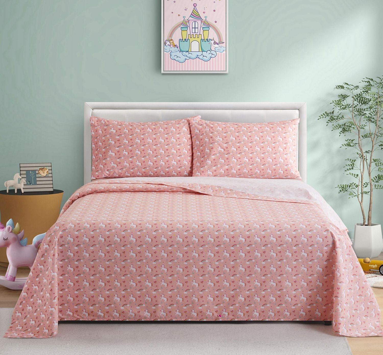 Literie Marina Décoration pour enfants, filles et tout-petits, imprimée, 600 fils au pouce carré, douce, en mélange de coton percale, toutes saisons, motif licorne rose et arc-en-ciel