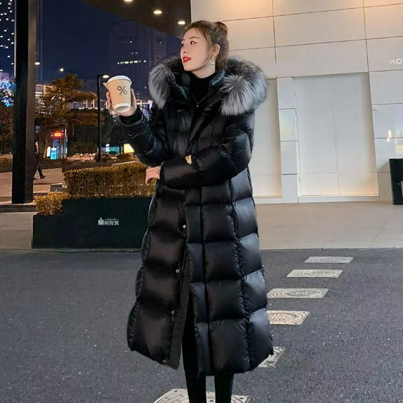 Long Down Coat For Women Over Knee Slim Fit Thickened High Collar Winter Jacket With Large Hood Plus Size Outerwear Womens Long Length with Hood Jacket Women Womens Winter Coat down Olive Coats