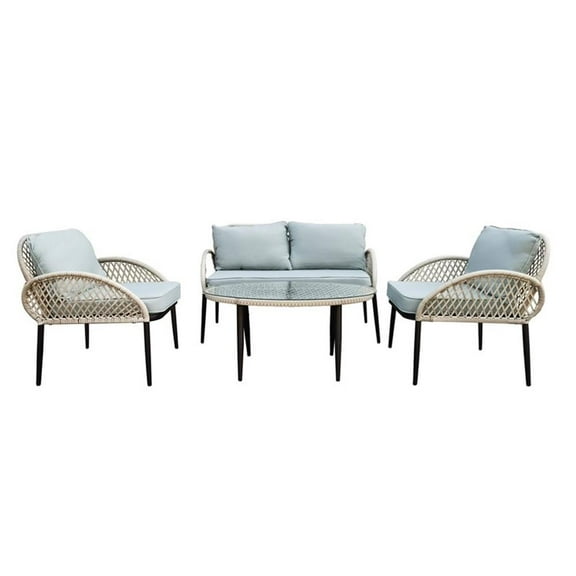 4Pc Rope Wicker Seating Set Grey With Coffee Table and Cushions