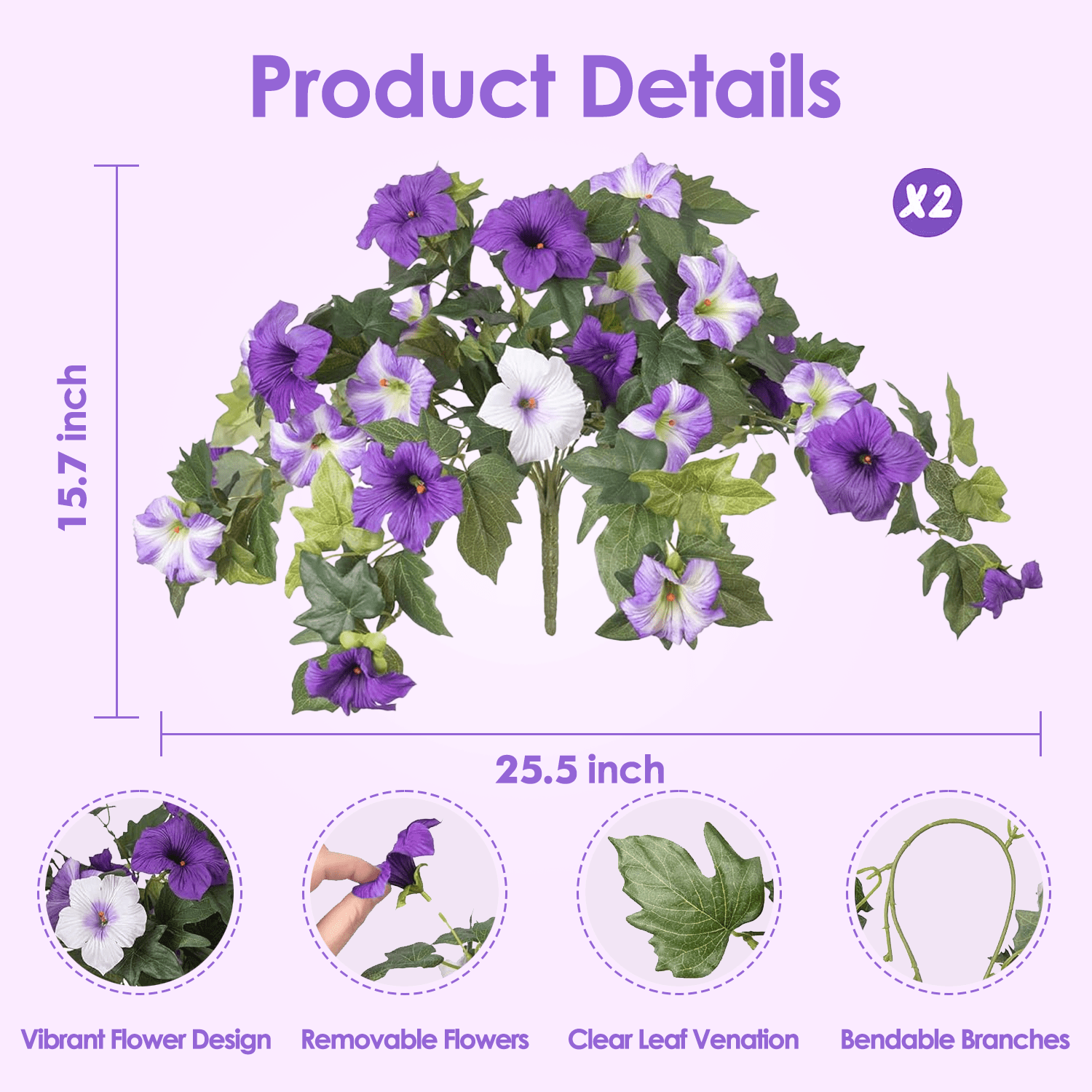 Inadays Artificial Flowers for Outdoors Faux Plants Home Decor 2PCS Spring Faux Petunias Silk Flower UV Resistant No Fade for Home Garden Balcony Yard Porch Realistic Indoor Decor, Purple