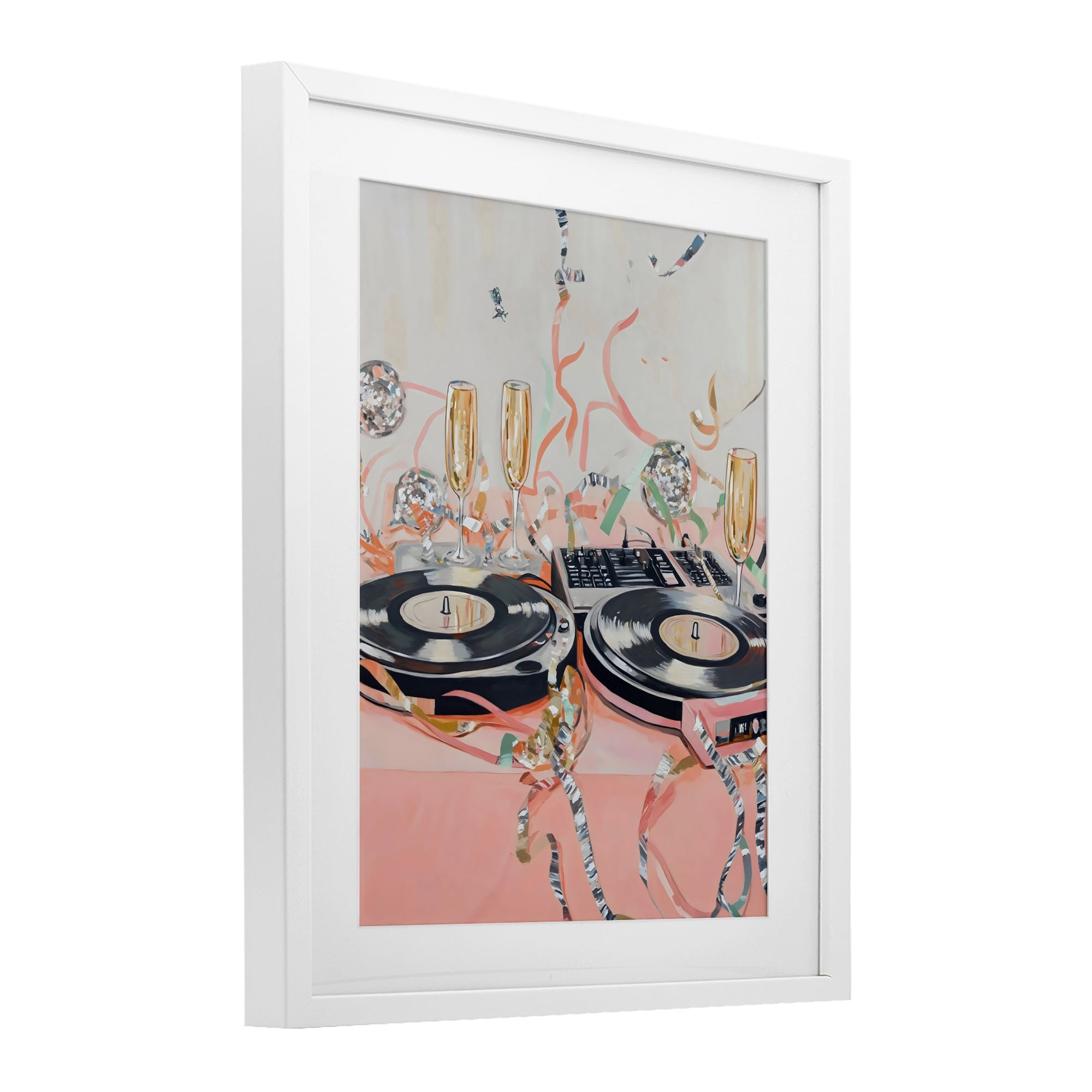 Stupell Industries Retro Turntable & Champagne Party White Framed Print Under Glass, design by The Prints Vibe