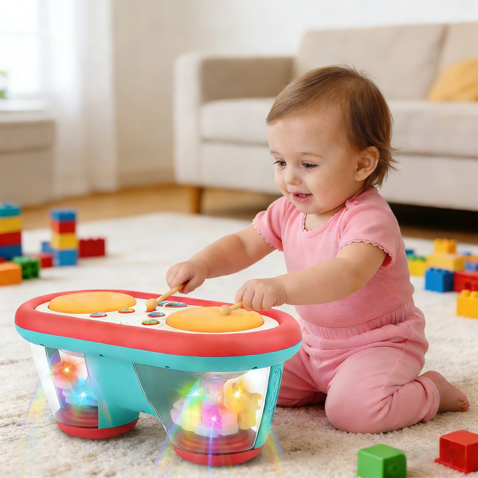 Tummy Time Toys 0-3-6-9 Months + Baby Toys 6-12 Months: Drum Musical Instruments Rotating Light Up Kids Toys, Baby Drum Set & Walker for 1 Year Old Boy Girl Pink