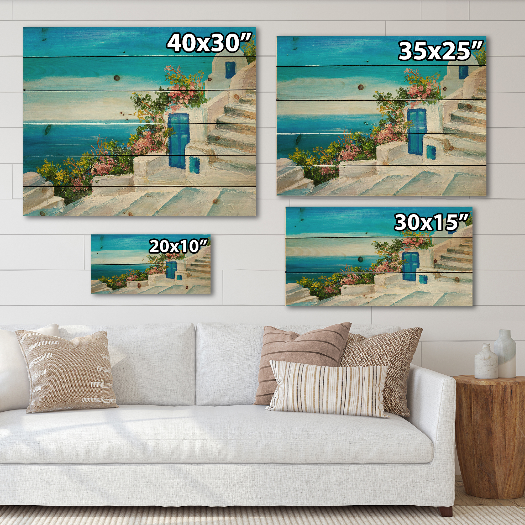 Designart 'House With Colorful Flowers Near The Sea IV' Nautical & Coastal Print on Natural Pine Wood
