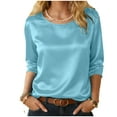 thumbnail image 4 of GEWSEY Womens Silk Satin Tops 3/4 Length Sleeve Shirts Round Neck Loose Casual Blouses Business Work Dressy Tshirts Outfits (Light Blue, XXL), 4 of 9