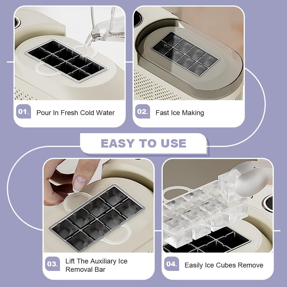 MUSICOZY Countertop Portable Small Mini Ice Maker - 8 Ice Cubes Ready in 15 Mins, Comes with Car Power, DIY Ice Making & Easy Ice Release, Suitable for Home, Kitchen, RV & Camping