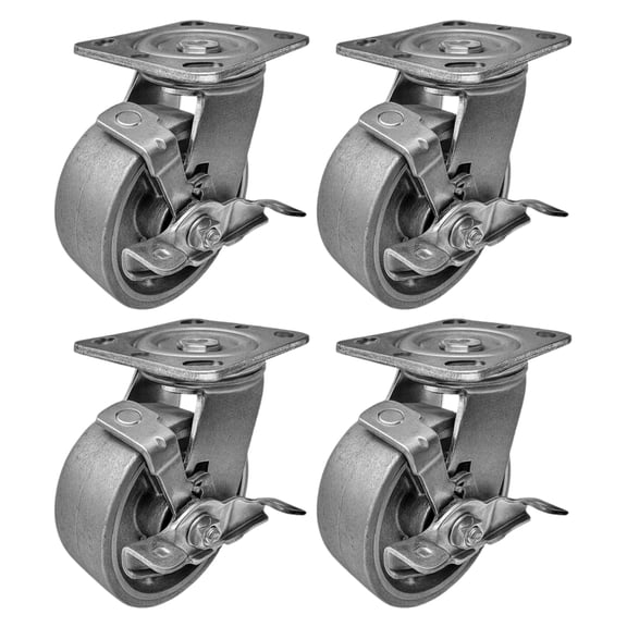 4 Heavy Duty Caster Set 5" Steel Wheels - 4 Swivel with Brake