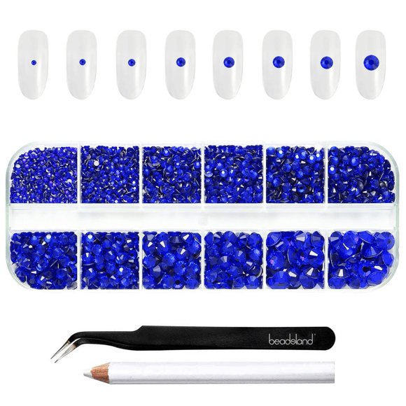 Beadsland Diamantes de imitación para maquillaje, 8 tamaños, 2500 piezas, diamantes de imitación azules con parte trasera plana, gemas faciales para uñas, manualidades con pinzas y lápiz de cera, zafi