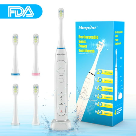Electronic Toothbrush,Rechargeable Toothbrush Powerful Cleaning Whiten Teeth wih 2 Mins Timer, Fully Washable IPX7 Waterproof, 4 Modes with Gum Care,4 Toothbrush Heads,1 White (Best Electric Toothbrush For Gums)