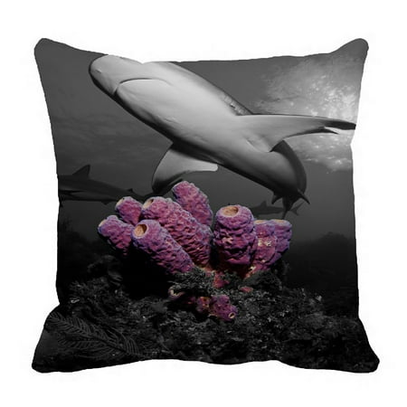 PHFZK Underwater Pillow Case, Caribbean Reef Shark Over Pink Coral Pillowcase Throw Pillow Cushion Cover Two Sides Size 18x18