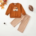 thumbnail image 2 of HXWCHs Toddler Baby Boy Football Smocked Outfit Long Sleeve Embroidery Crewneck Sweatshirt Gingham Pants Two Piece Clothes Size: 2-3 years Brown, 2 of 9