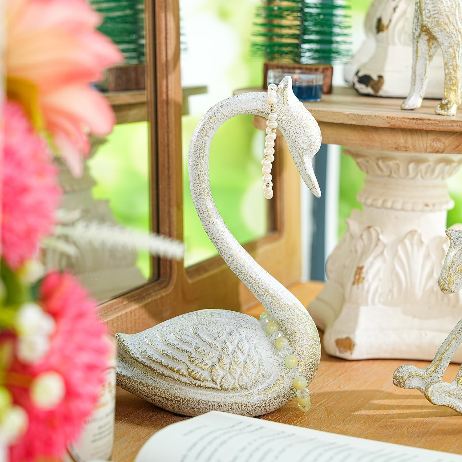 Sungmor Cast Iron Swan Garden Statue, White Elegant Swan Sculpture Outdoor Animal Figurine, Yard Patio Lawn Deck Ornament, Home Decoration Piece