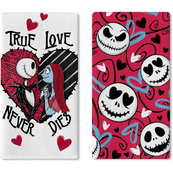 Jack Kitchen Dish Towels Set of 2, True Love Never Dies Sally Hearts Drying Hand Towels Baking Cooking Cloth, Anniversary Wedding Home Kitchen Decoration 18 x 26 Inch