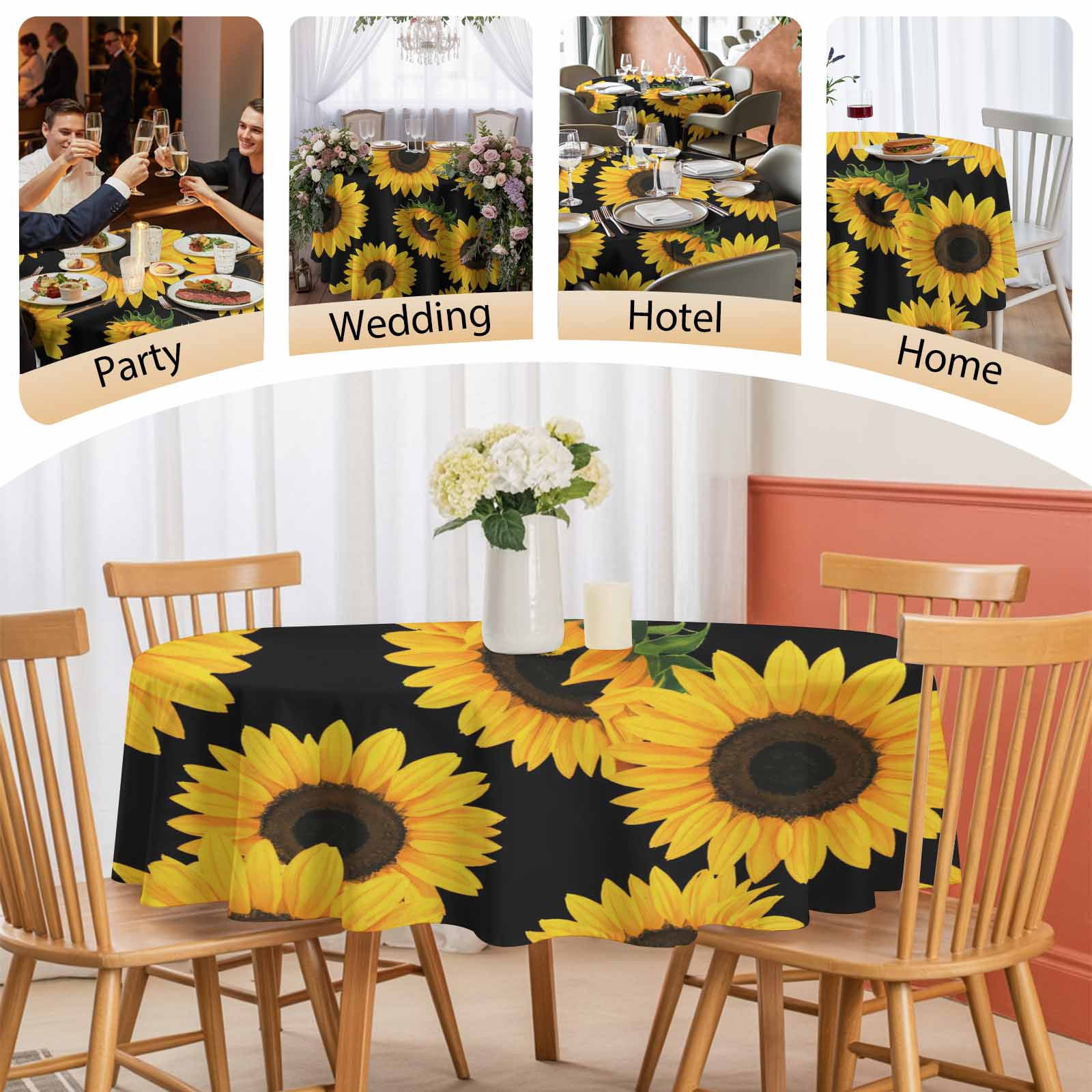Round Tablecloth Black Sunflower Pattern Waterproof Oil Proof Polyester Table Cloth Cover Decor for Home Dining Outdoor,Patio,Parties, 60" Dia. Floral Print