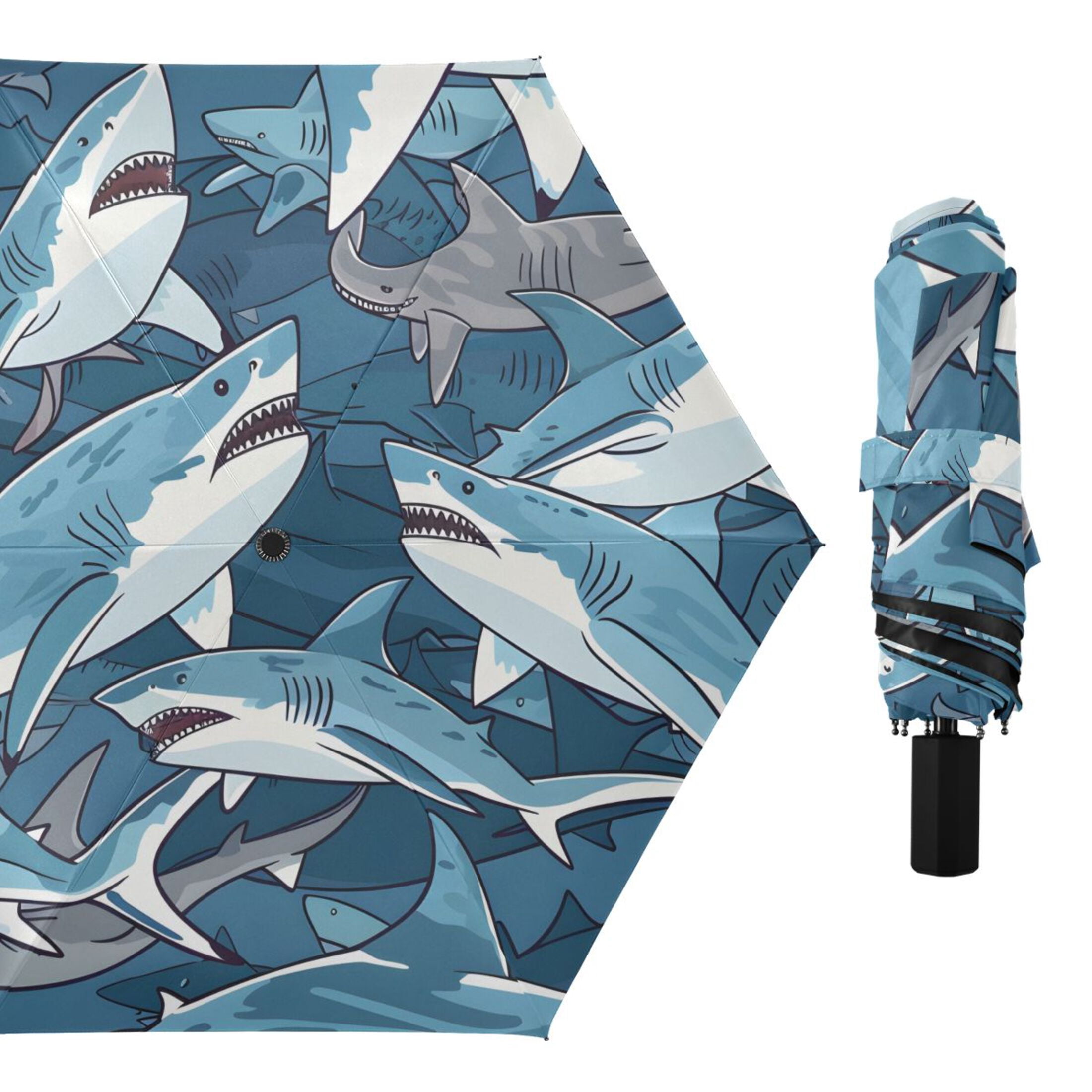 ALAZA Many Sharks UPF 50+ Compact Folding Umbrella for Rain Travel Umbrella Packable
