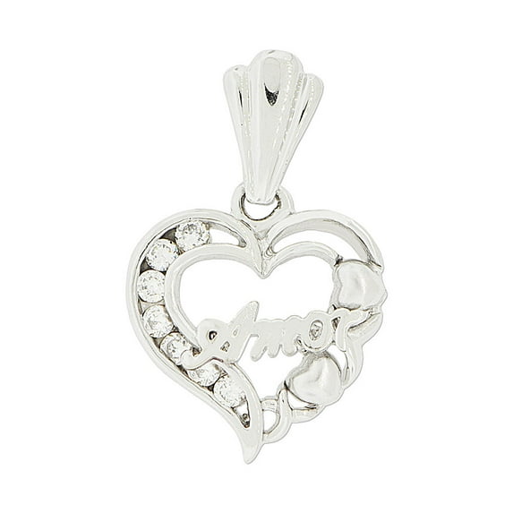 14k Gold White Rhodium, Amor Heart Pendant Charm Created CZ 17mm with 16" Dainty Neck Chain