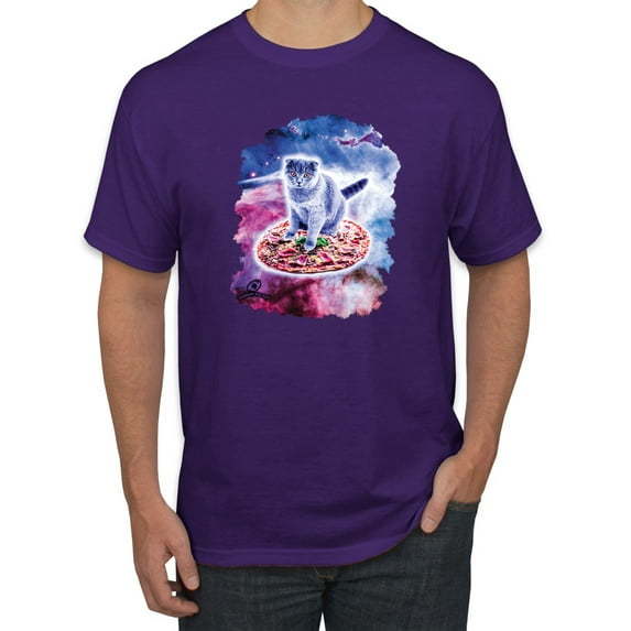 Wild Bobby, Cute Trippy Space Cat Riding Pizza, Animal Lover, Men Graphic Tees, Purple, Medium