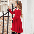 thumbnail image 3 of Oudiya Girls Long Sleeve Dress A-line Twirly Skater Casual Solid Loose Dress Red for Kids 5-6Y, 3 of 12