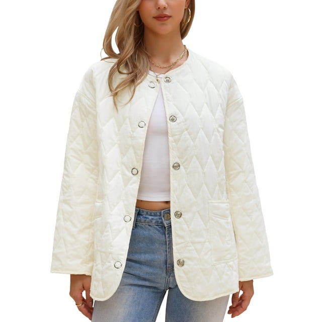 CHAQUETA ACOLCHADA ELEGANTE INSPIRE CHIC PARA MUJERES, CHAQUETAS DE PLUMAS ACOLCHADAS DE MANGA LARGA CON CIERRE DE BOTÓN A PRESIÓN XL BLANCA