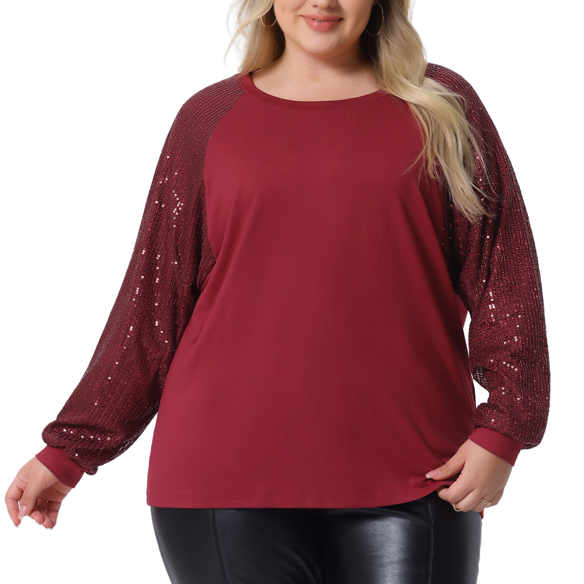 DARING DIVA Women's Plus Long Sleeve Shimmer Glitter Blouse 4X Burgundy