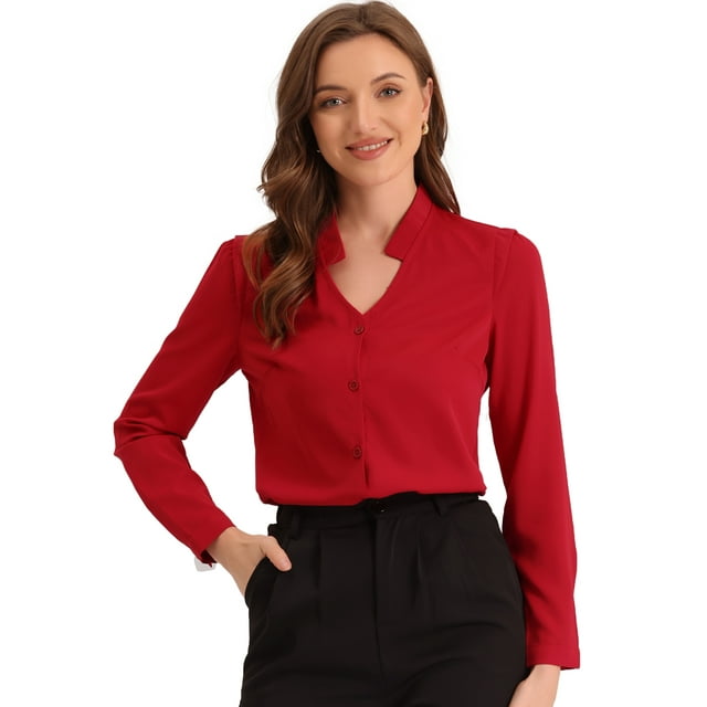Camisa abotonada Allegra K Cuello alto escote En V recortado Rojo M