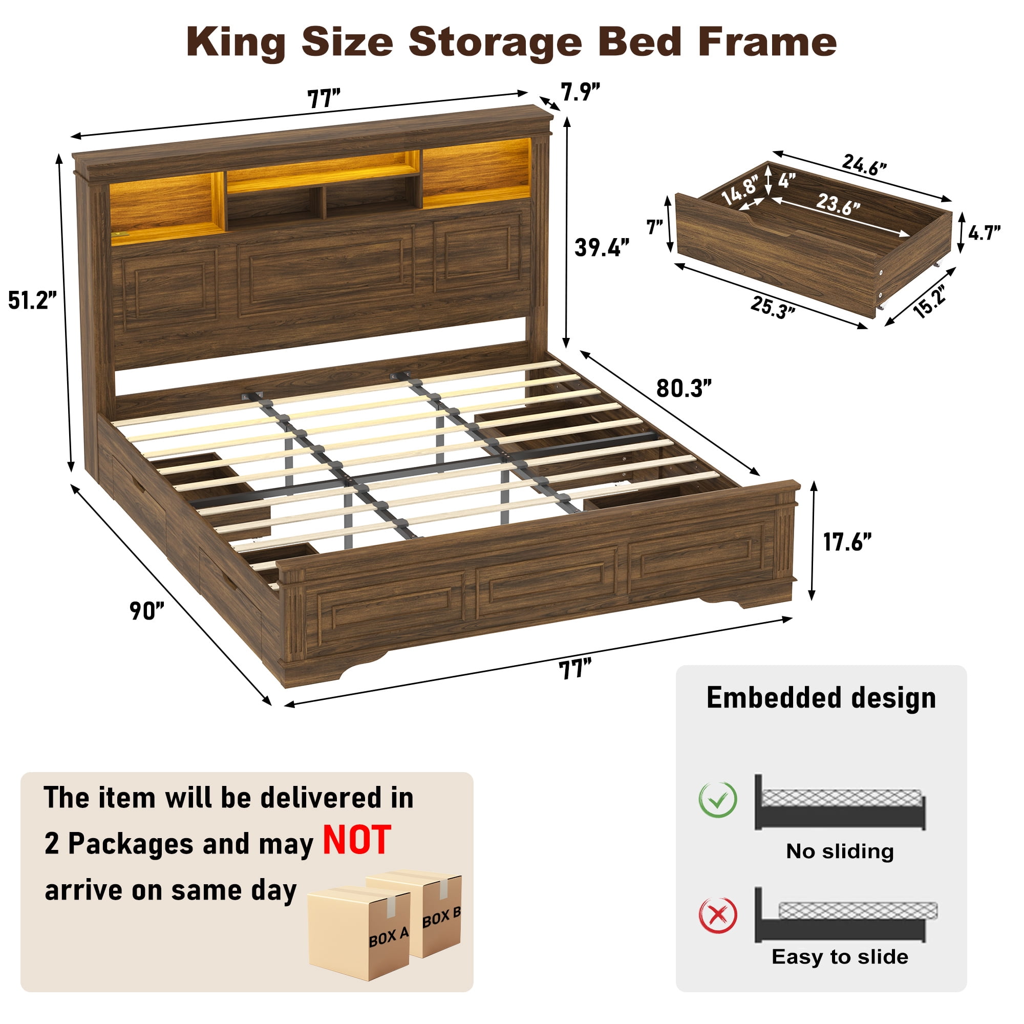 ANPOO Farmhouse King Size Bed Frame with 51" Tall Headboard & 4 Drawers, King Bed Frame and Headboard with LED Lights & Charging Ports, No Box Spring Needed, Wooden, Rustic Brown