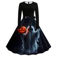 thumbnail image 2 of Karymi Easter Dresses for Women Halloween Print Swing Midi Dress, Solid Crew Neck Long Sleeve Satin Bow Waist Vintage A Line Party Costume Dress Wedding Guest Dresses for Women, 2 of 6