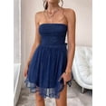 thumbnail image 2 of Women'S Summer Cocktail Dress - Tube Ruched Ruffle Mini Dress Navy Blue M, 2 of 8