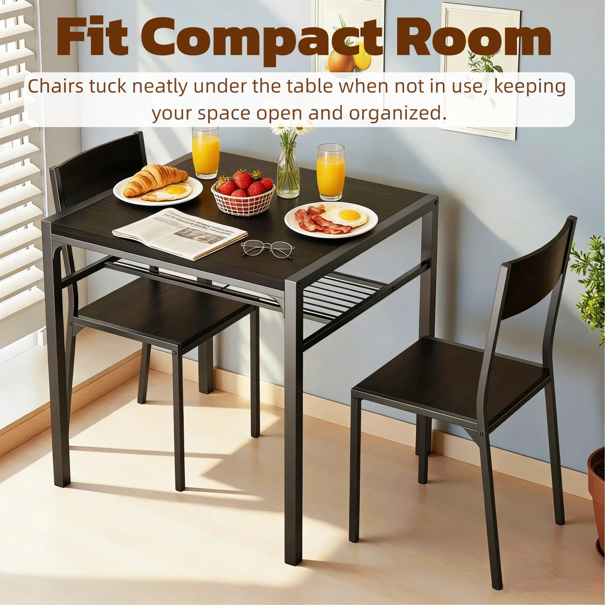 3 Piece Dining Table Set for 2, Lofka Kitchen Table with Chairs & Storage Shelf, Black MDF Dining Set for Small Space, Apartment, Breakfast Nook