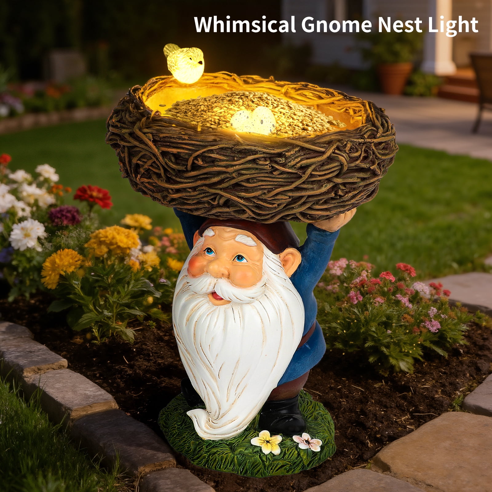 DAK Solar Garden Gnome Statue with Bird Feeder & LED Light, 9" Resin Outdoor Gnome with Nest Bowl, Waterproof UV Resistant