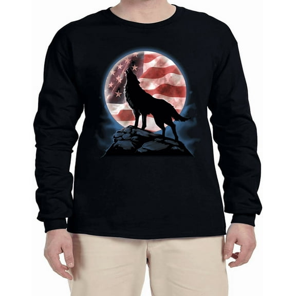 American Flag Lone Wolf Howling Moon Wolves T-shirt Mens Graphic Tees Long Sleeve Tee Shirt
