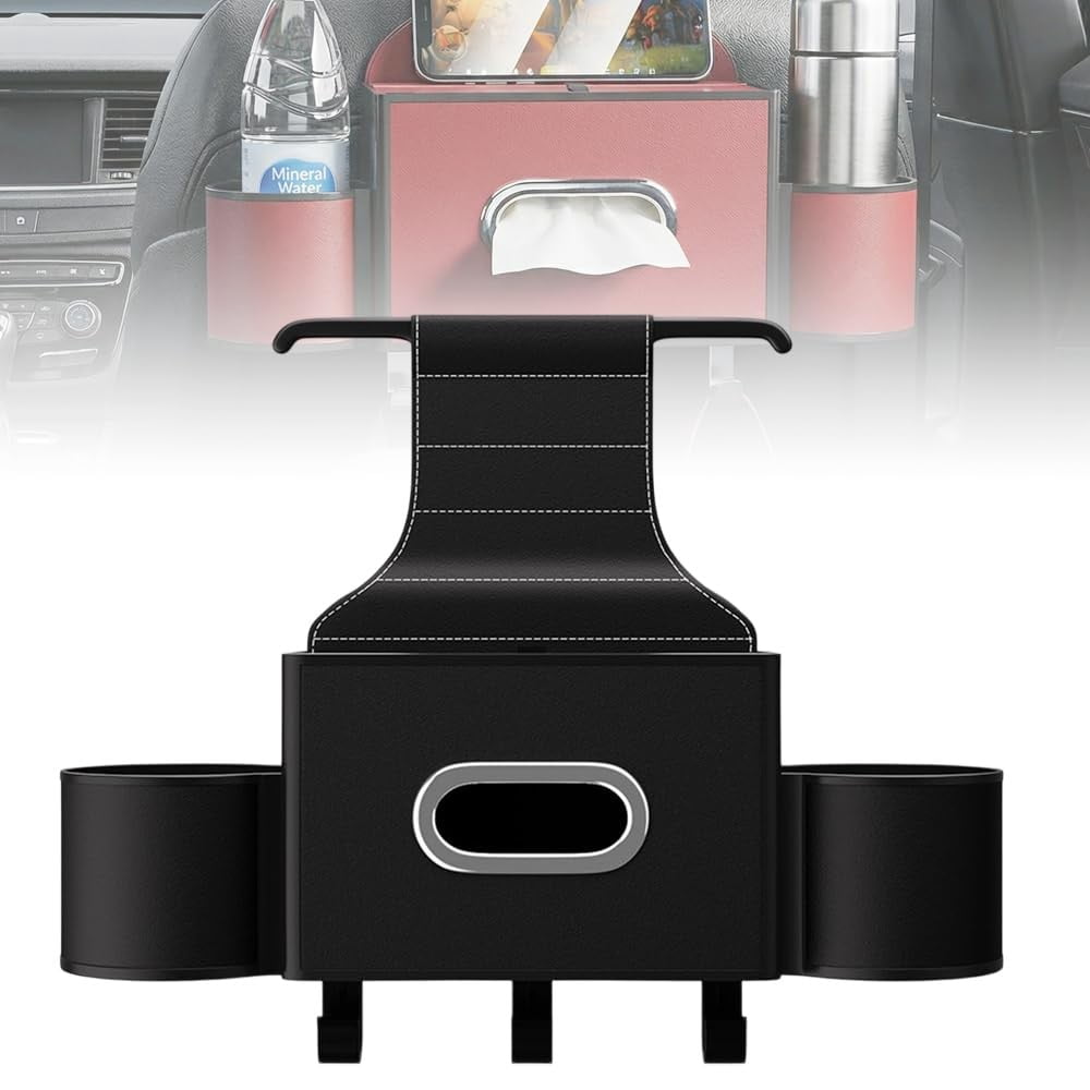 COM1950s Car Seat Organizer with Cup Holders, Backseat Storage Multi-Function Pocket for Tissues, Adjustable Straps for SUV and Vehicle Interior Accessories