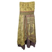 Mogul Womens Summer Dress Yellow Green Printed Vintage Boho Hippie Gypsy Long Skirts