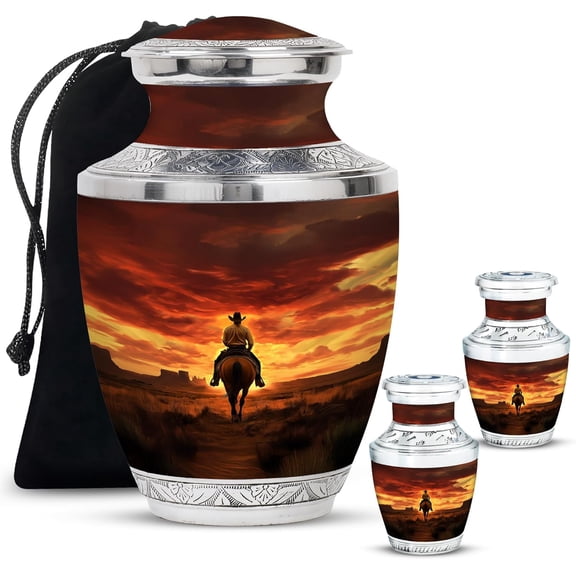 Cowboy Urn - Large Urns For Human Ashes Adult Male - Burial Urn For Adult Human Ashes - Keepsake Urn For Human Ashes - Urn For Ashes For Women (Combo - 10" & 3", 3 Pcs)