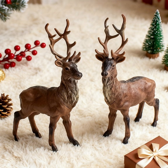 2 Pack Resin Deer Figurines, Realistic Standing Elk Statue Set, Christmas Reindeer Tabletop Decor, Rustic Animal Sculpture for Home, Mantel & Holiday Decoration
