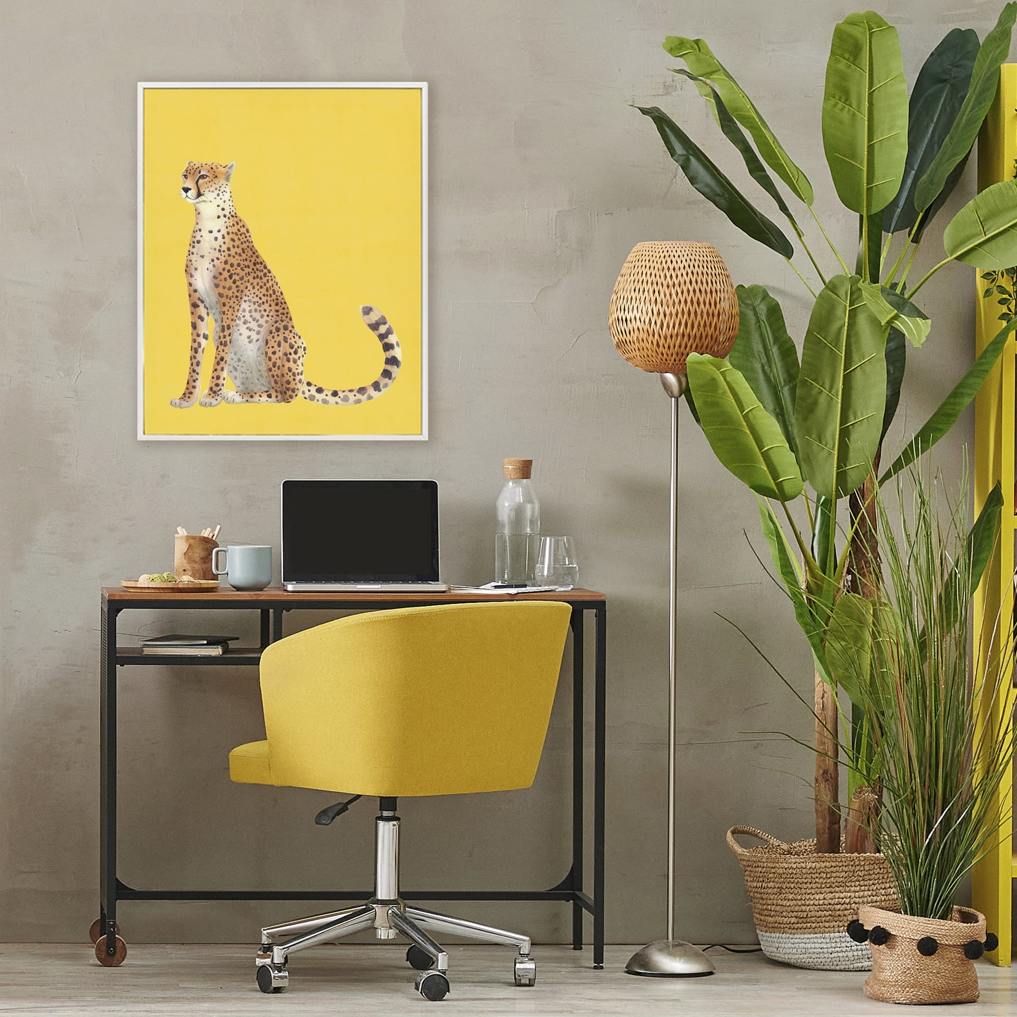 Stupell Industries Cheetah on Vibrant Yellow White Framed Giclee Art, design by Karolina Sato