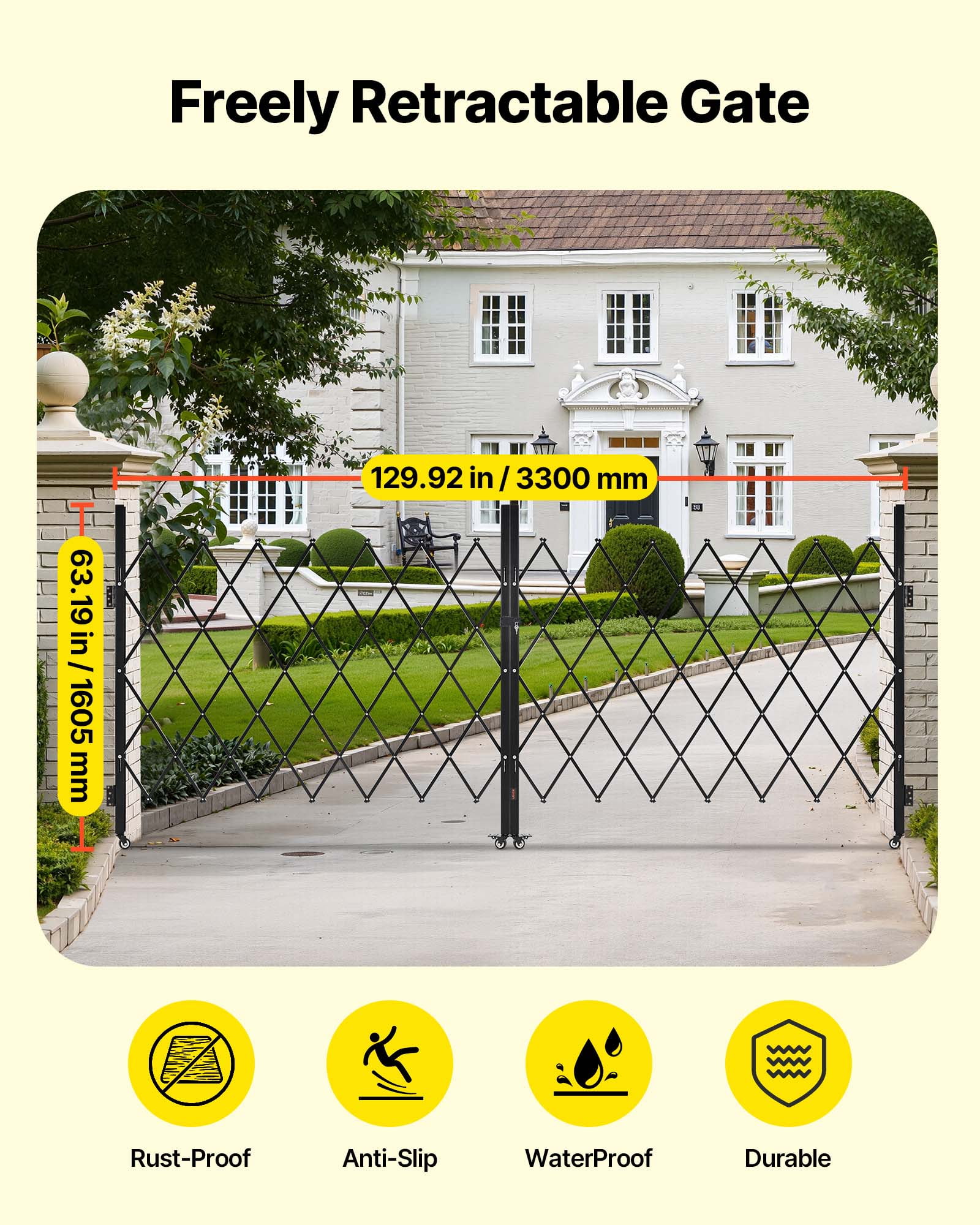 VEVOR Double Folding Security Gate, Lockable Scissor Gate with 360° Swivel Casters, Outdoor Barricade Steel Retractable Gates, for Entry Security, Garage, Warehouse & Pool, 129.92 x 63.19 in (W x H)