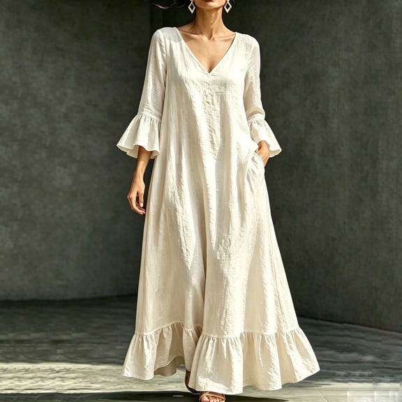 QUNYINEY 3/4 Sleeve Casual Dresses for Women with Pockets Maxi Flowy A Line Dress Vacation Solid Loose Fit V Neck Dresses