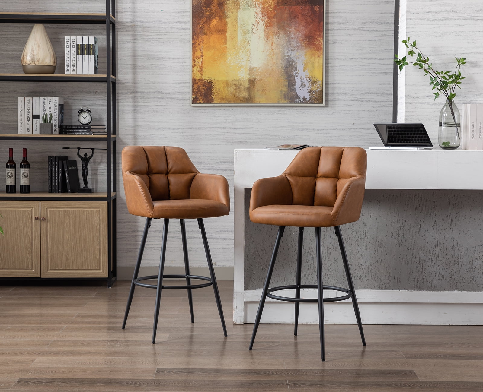 Guyou Modern 30"Counter Height Stool Set of 2, Faux Leather Upholstered Bar Stool Island Stool with Backrest and Metal Base for Kitchen Island Restaurant Bar, Brown